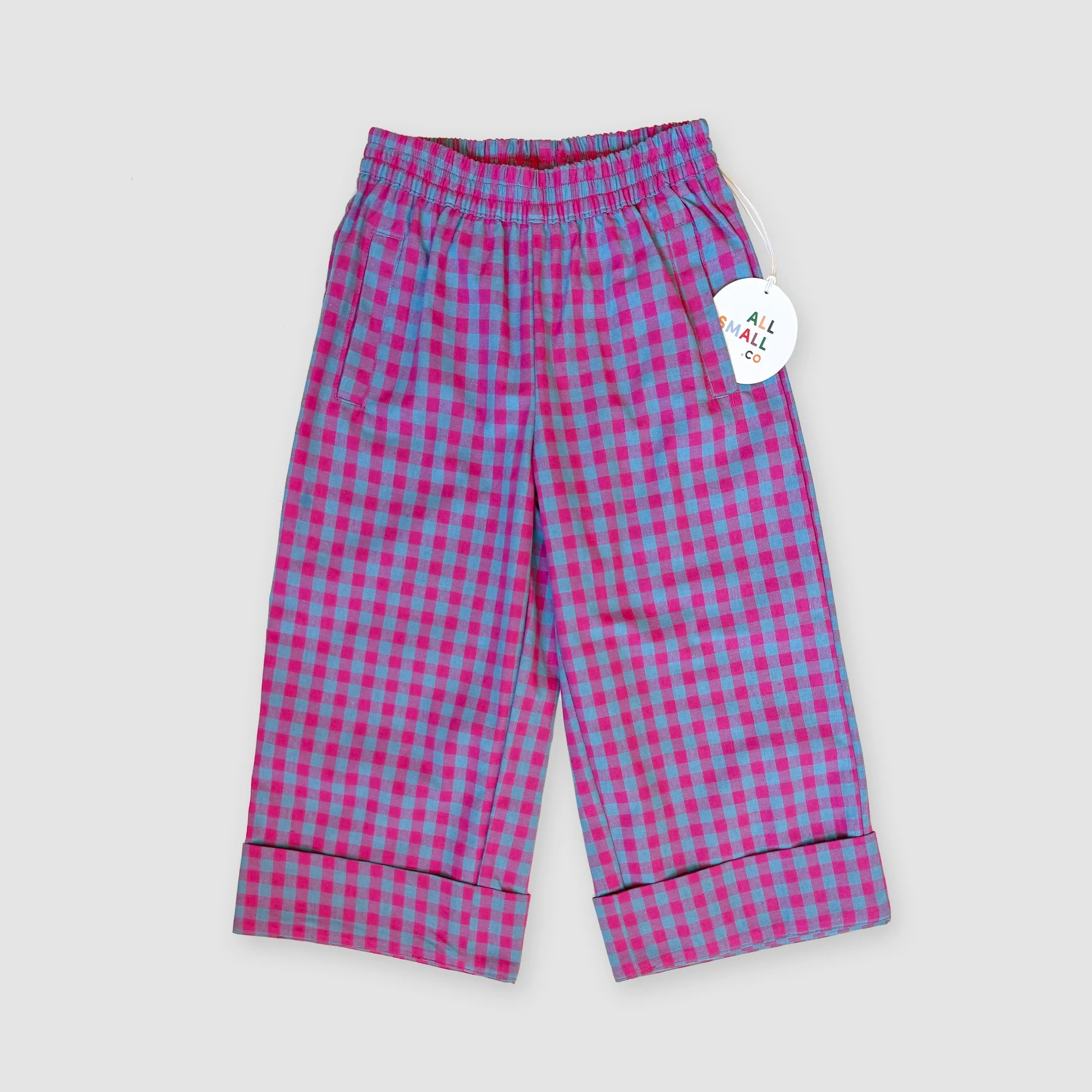 ALL SMALL CO Pink & Blue Gingham Elastic Waist Cropped Pants